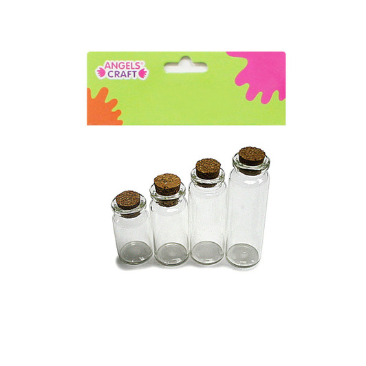 MINI GLASS CONTAINER WITH CORK CAP,  ASST SIZE 3", 2.5", 2.4", 1 3/4"L  X 3/4"W
