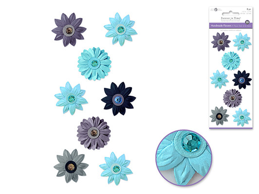 Floral Embellish: 30mm-33mm Embossed Layered Handmade Paper x8 w/Gems Floral Embellish: 30mm-33mm Embossed Layered Handmade Paper x8 w/Gems