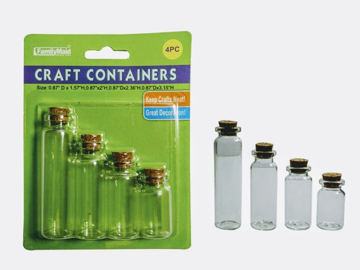 4PC Craft Storage Container Vials With Cork Stoppers, 2.75"L, 2.36"L, 2"L, 1.5"L