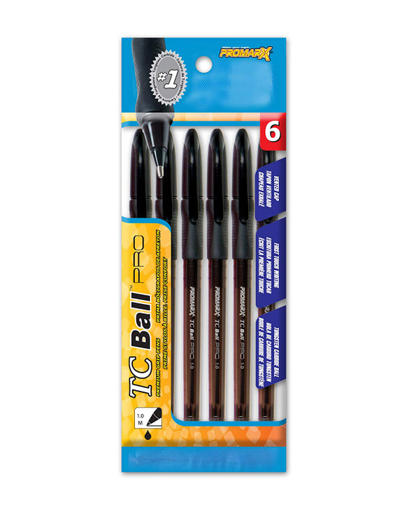 Promarx TC Ball Black Pens 6ct, Tungsten carbide ball, Medium point, 1.0 mm -Comfort grip