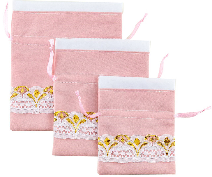 Drawstring Pouch: Pink/White & Gold Lace Assorted Size: 4.75"x5.5", 4"x5", 3.25"x4", 3 ct