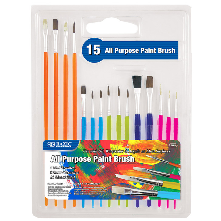 BAZIC Asst. Size Paint Brush Set (15/Pack)