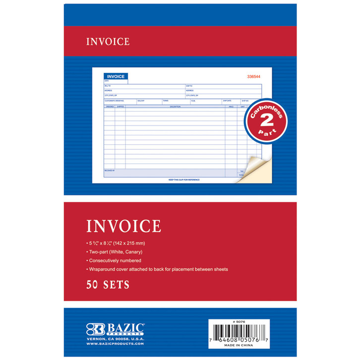 BAZIC 50 Sets 5 9/16" x 8 7/16" 2-Part Carbonless Invoice Book