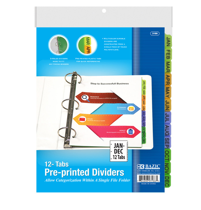 BAZIC 3-Ring Binder Dividers W/ 12-Preprinted Jan-Dec Tab