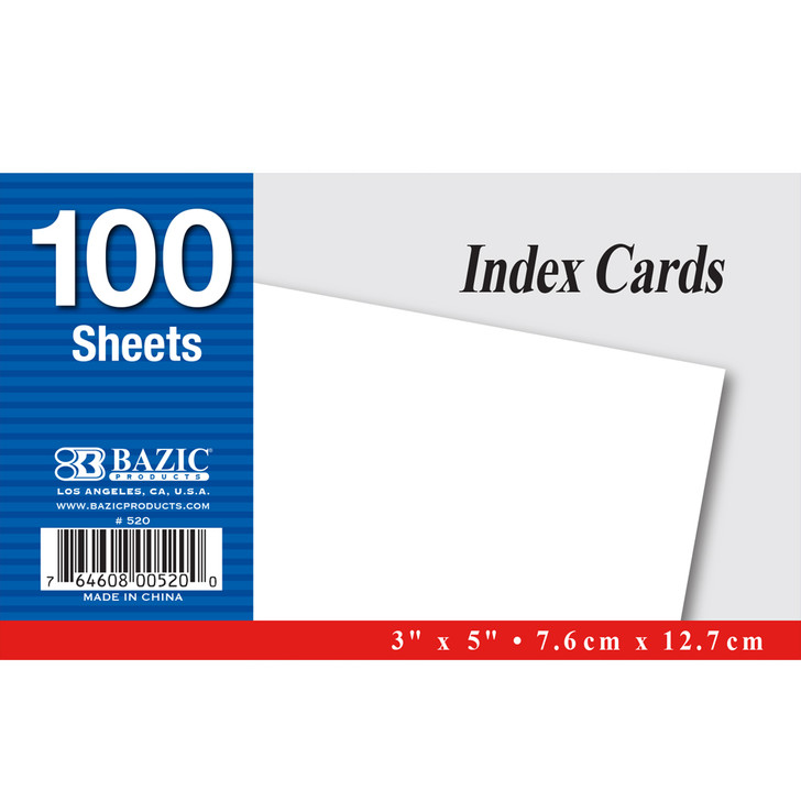 BAZIC 100 Ct. 3" X 5" Unruled White Index Card