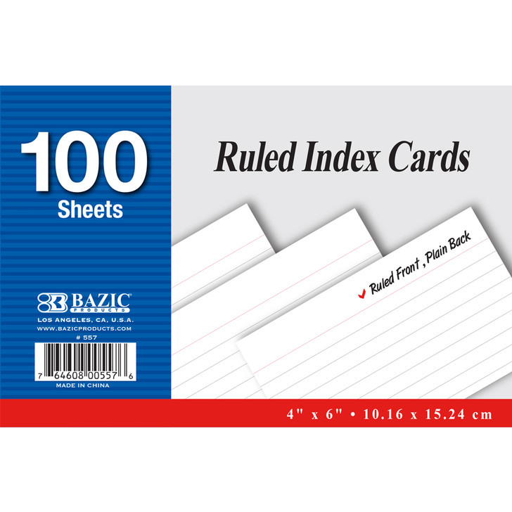 BAZIC 100 Ct. 4" X 6" Ruled White Index Card