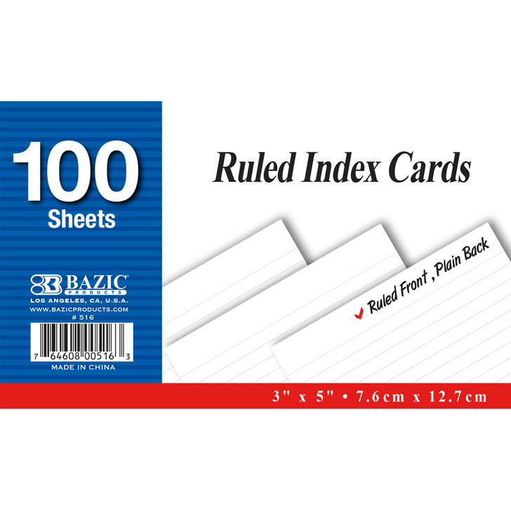 BAZIC 100 Ct. 3" X 5" Ruled White Index Card