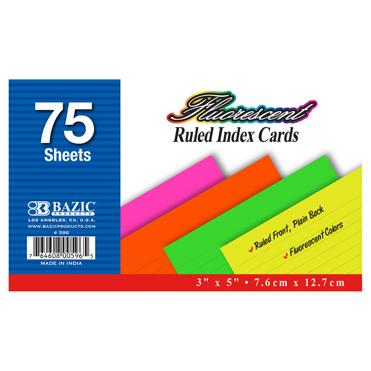 BAZIC 75 Ct. 3" X 5" Ruled Fluorescent Colored Index Card