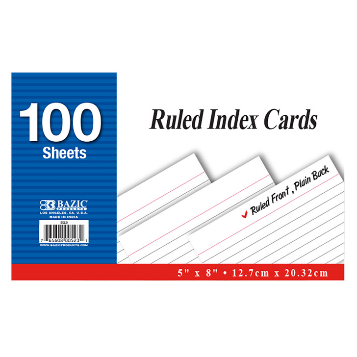 BAZIC 5''X8'' 100ct,Ruled White Index Cards