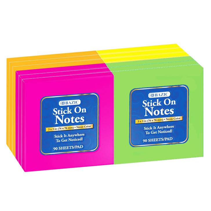 BAZIC 90 Ct. 3" X 3" Neon Stick On Notes (12/Shrink)