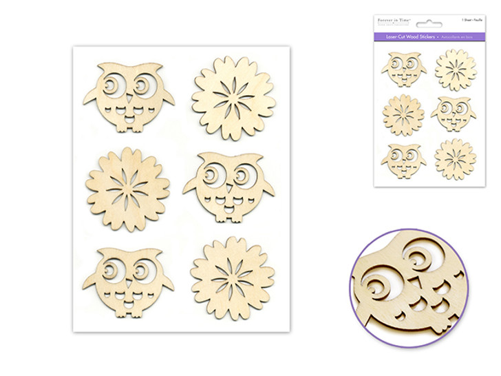 Paper Craft Embellishments Laser Cut Wood Stickers 5"x8", Owls & Flower Shapes