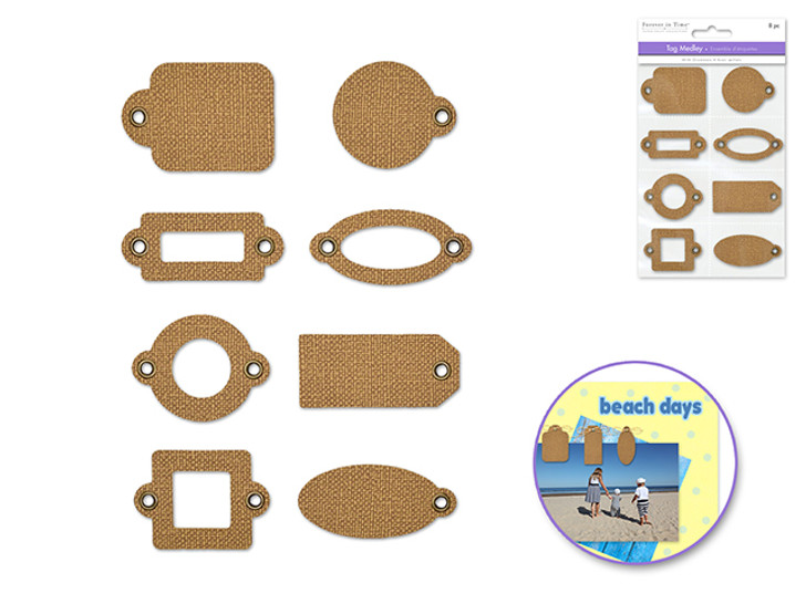 Paper Craft Embellishments Tag Medley x8 w/Grommets - Burlap Frames