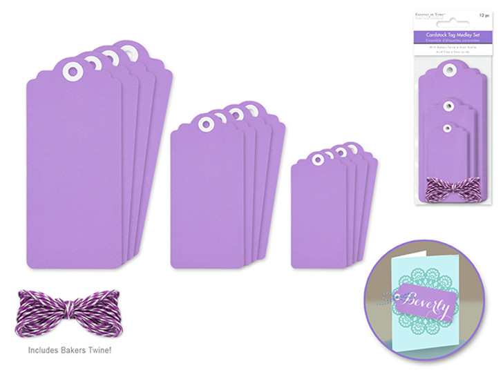 Paper Craft Embellishments Cardstock Trendy Tags 12pc w/Bakers Twine Purple Tags