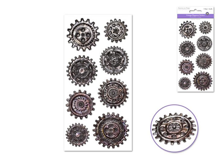 Paper Craft Sticker: 9cmx17.5cm 3D Embossed Vintage Elegance Metallic Gears