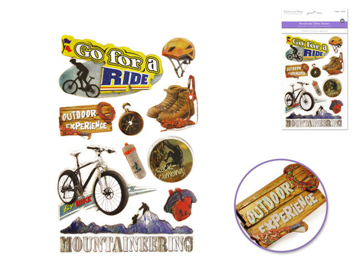 Handmade Sticker: 4.75"x7.25" 3D Handcrafted Chipboard Glitter  Bike Ride Outdoor + Hiking