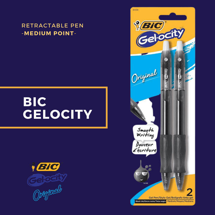 BIC Gel-ocity Gel Pen, Medium Point 0.7 Black 2 pk.
