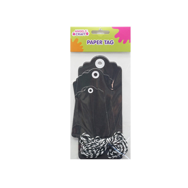 Paper Hang Tag-Black Color & 2mtr long twine. 3-6x14cm, 3-4.8x9.6cm, 3-3.5x7cm, 9-ct. pk.