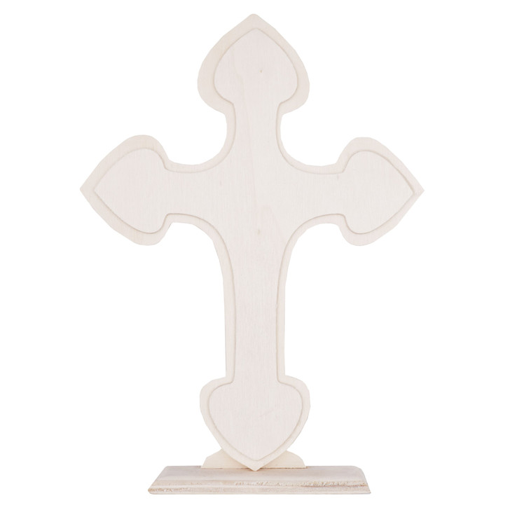 Natural Color Wooden Cross, Spade-Shape Edges. 1"x2" Wood Base Included.