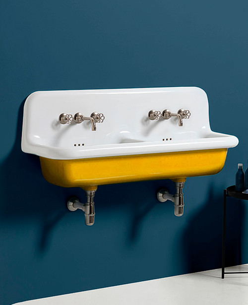 Astonian Roma 120cm double 3-taphole roll top basin white with yellow exterior