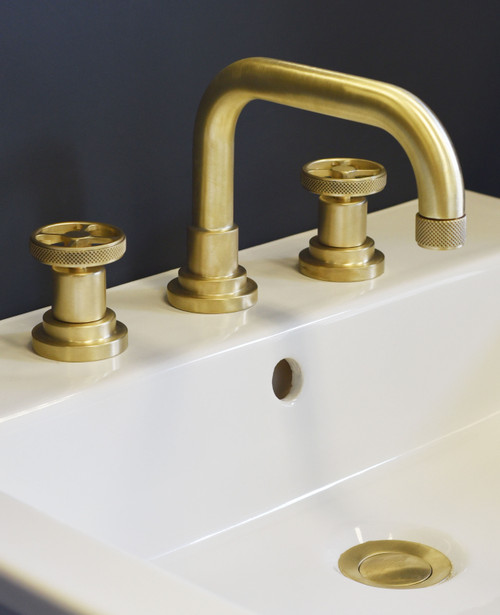 Acme 3-hole deck mounted S style basin mixer and pop-up waste scuffed brass