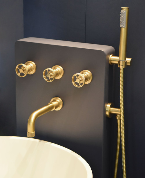 Acme wall mounted bath mixer and flexi handshower kit scuffed brass