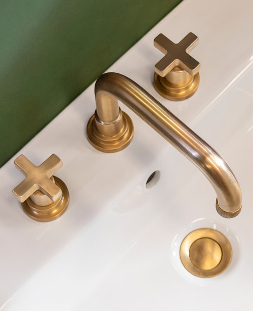 Axis 3-hole deck mounted basin mixer and pop-up waste scuffed brass