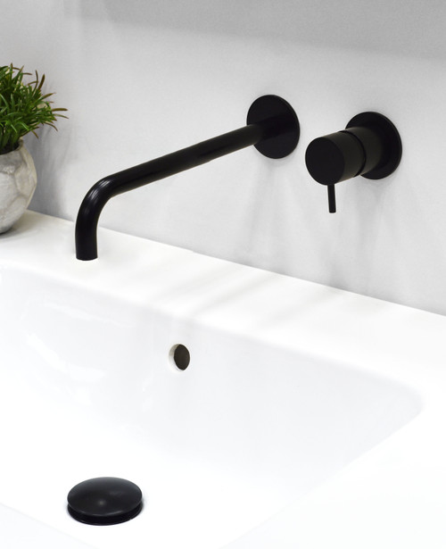 Nero 2-hole wall mounted basin mixer round flanges 230mm spout satin black