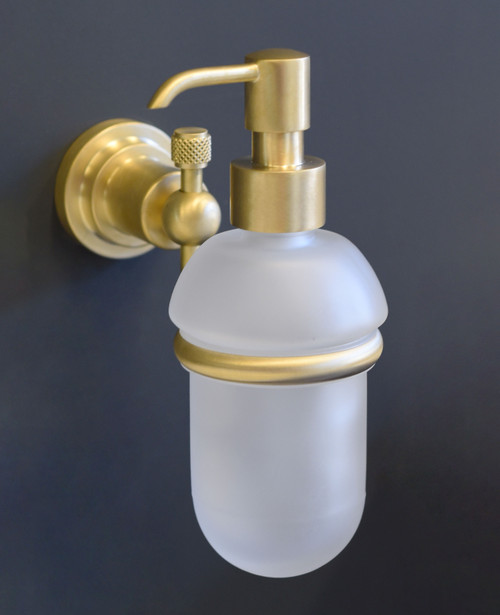 Acme glass soap dispenser and holder scuffed brass