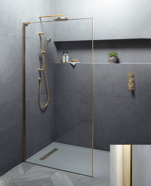 Eauzone EWFP framed wetroom panel with clear glass and polished brass frame - size options
