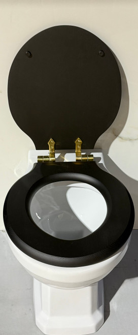 Carlton 1823 wooden toilet seat and cover matt black and soft close Unlacquered Polished Brass hinges