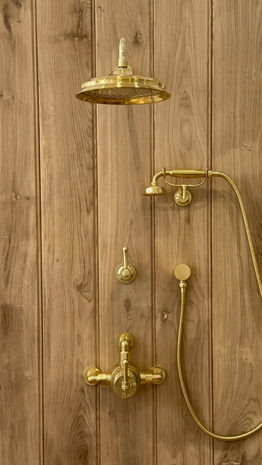 Astonian Signature Traditional semi-exposed dual outlet thermostatic shower kit Brushed Brass
