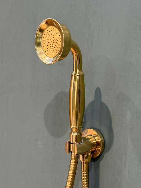 Astonian Signature Handshower Kit with integrated wall outlet and holder, hose and handshower - Unlacquered Polished brass