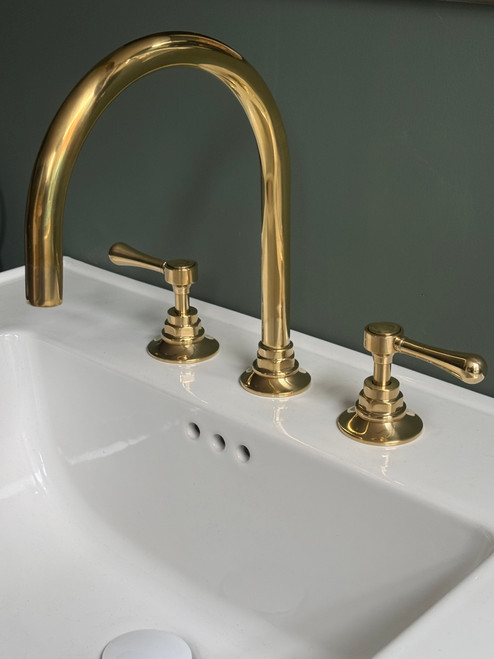 Astonian Signature  3-hole Swan Neck basin mixer, Lever Handles - Unlacquered Polished Brass
