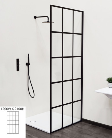 1200W X 2100H Fixed Shower Panel Satin Black Clear Glass