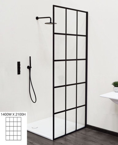 1400W X 2100H Fixed Shower Panel Satin Black Clear Glass