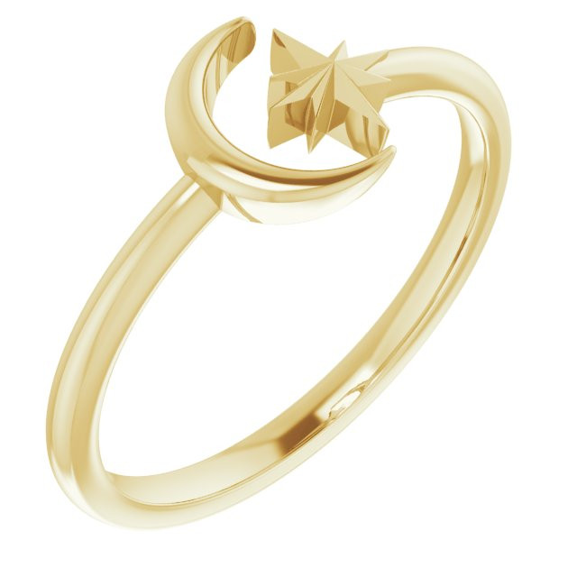 14K Yellow Gold Crescent Moon Star Negative Space Ring