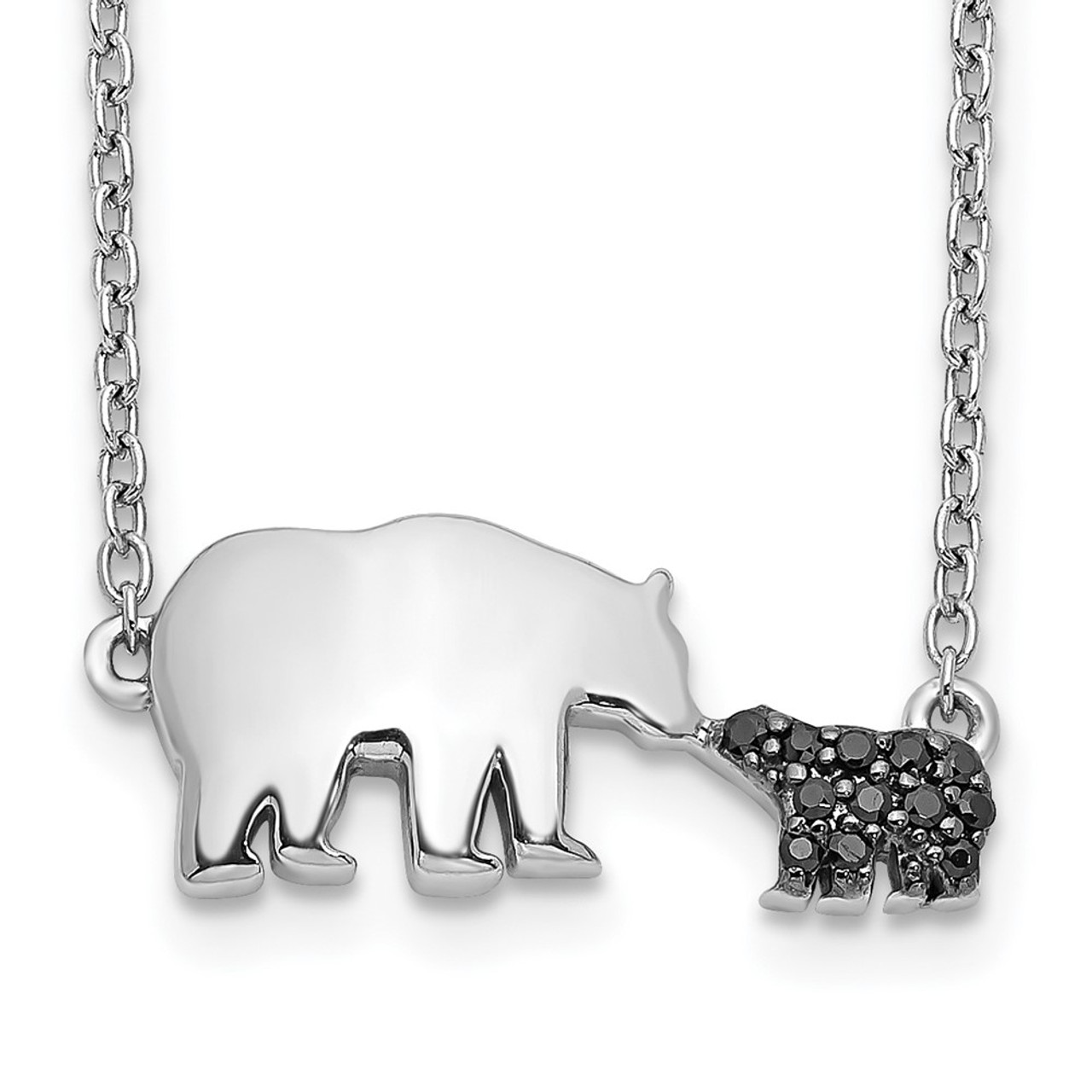 14K White Gold Black Diamond Mother and Baby Bear Necklace