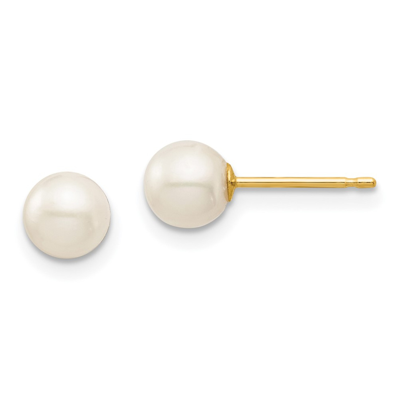 14K Yellow Gold 5-6mm White Round Freshwater Cultured Pearl Stud