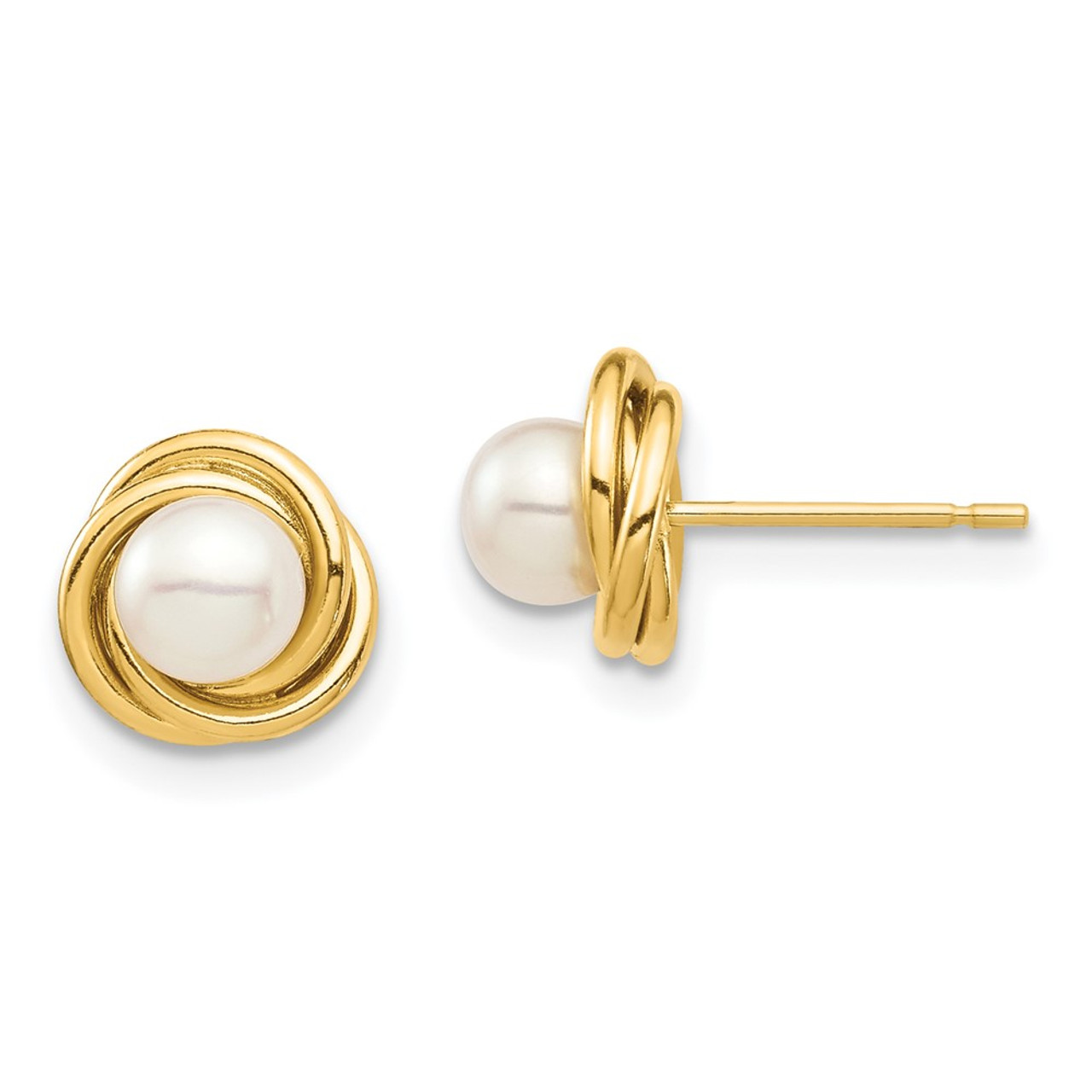 14K Yellow Gold 4-5mm White Button Freshwater Cultured Pearl Post