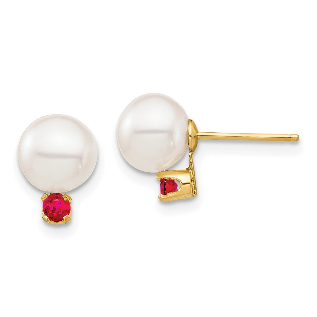 14K Yellow Gold 7-7.5mm White Round Freshwater Cultured Pearl Ruby