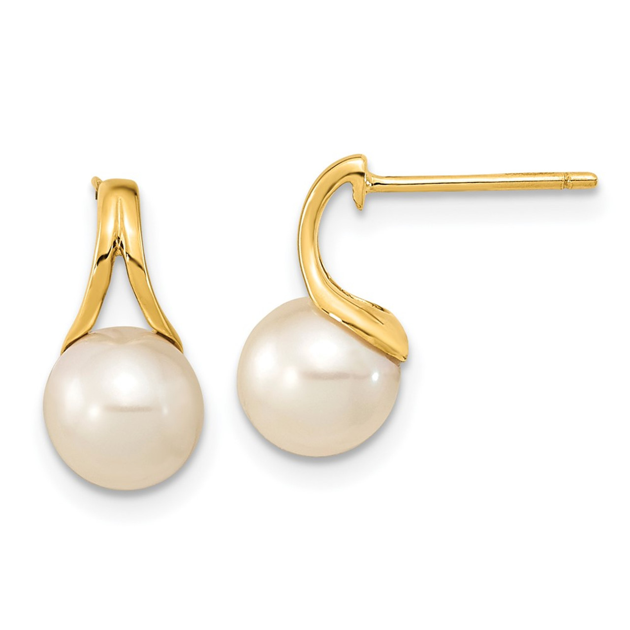 14K Yellow Gold 7-8mm White Round Freshwater Cultured Pearl Post