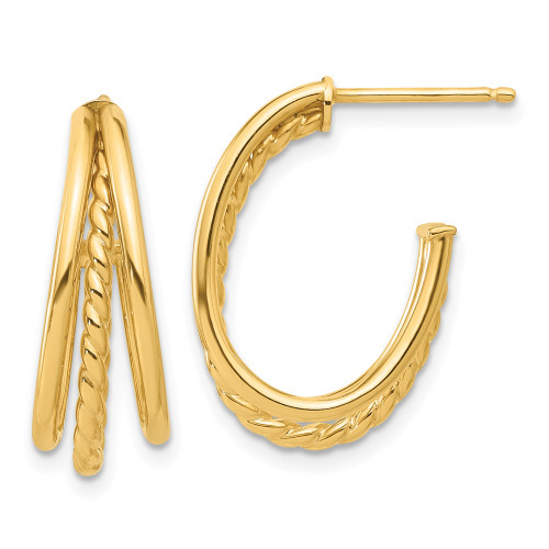 14K Yellow Gold Twist Oval Multi Row J-Hoop Post Earrings