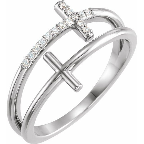 14K White Gold .06 CTW Natural Diamond Sideways Cross Ring