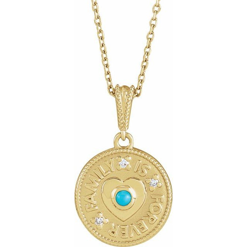14K Yellow Gold Cabochon Natural Turquoise & .02 CTW Natural Diamond Family is Forever  Necklace