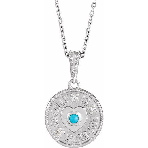 14K White Gold Cabochon Natural Turquoise & .02 CTW Natural Diamond Family is Forever  Necklace