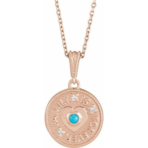 14K Rose Gold Cabochon Natural Turquoise & .02 CTW Natural Diamond Family is Forever  Necklace