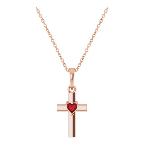 14K Rose Gold Natural Mozambique Garnet Heart Cross Necklace