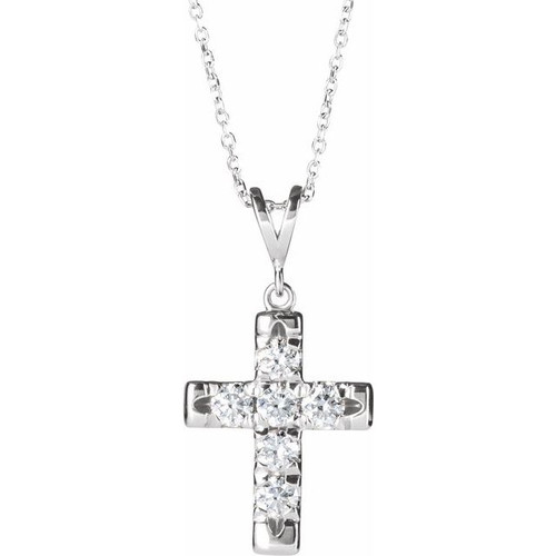 14K White Gold 3/4 CTW Natural Diamond French-Set Cross Necklace