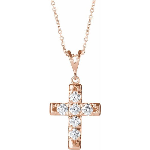 14K Rose Gold 3/4 CTW Natural Diamond French-Set Cross Necklace