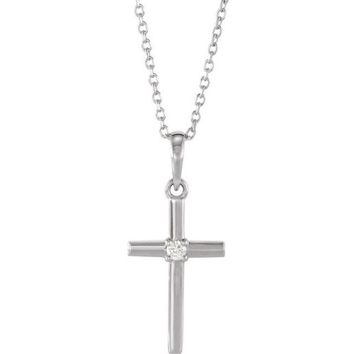 14K White Gold .06 CT Natural Diamond Cross Necklace